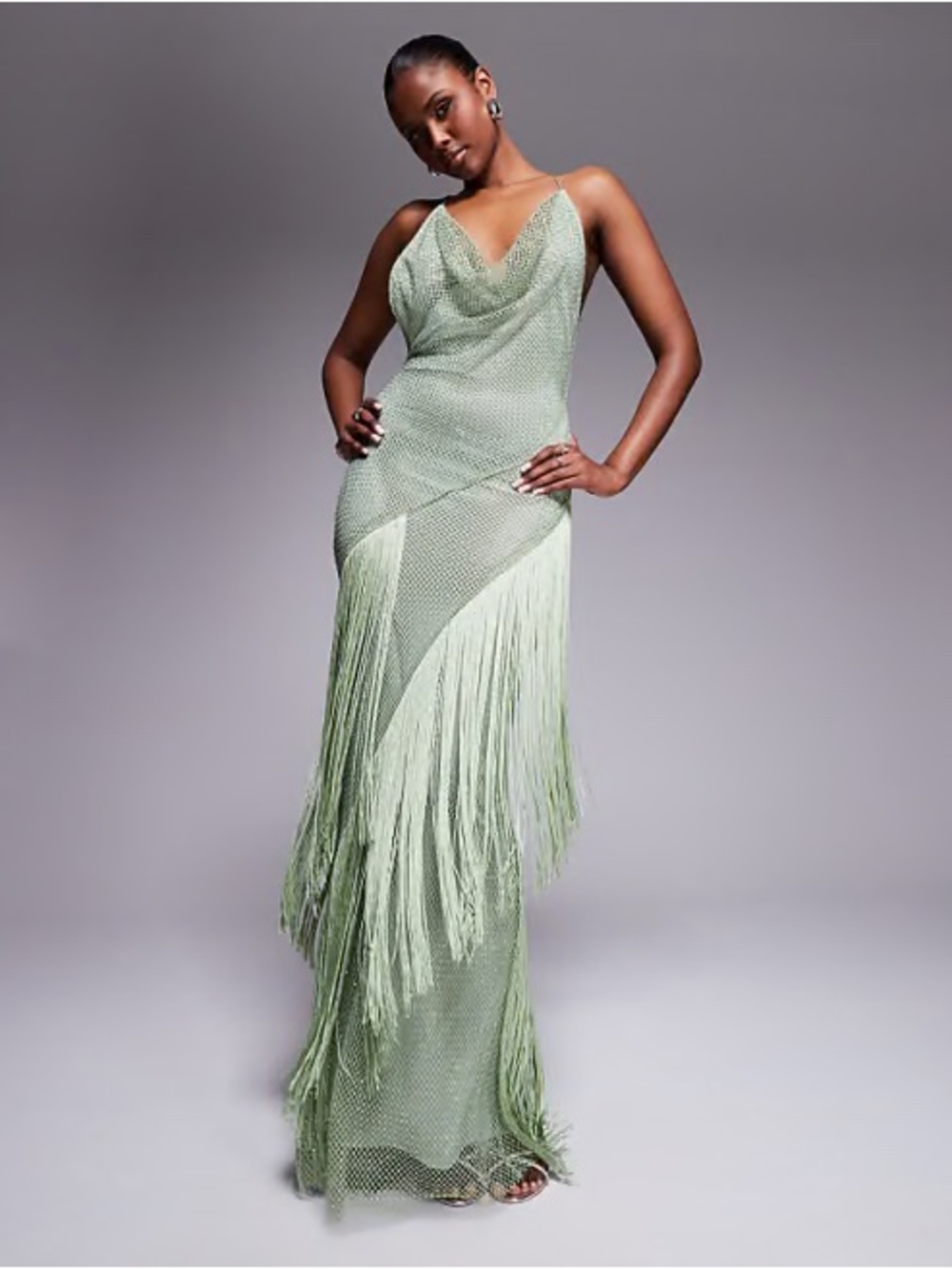 ASOS Fishnet Hotfix Embelished Green Fringe Cowl-Neck Maxi Dress - Picture 5 of 15